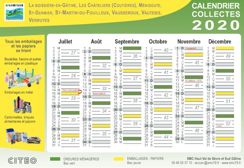 Calendrier des ramassages SMC 2020 – Ménigoute